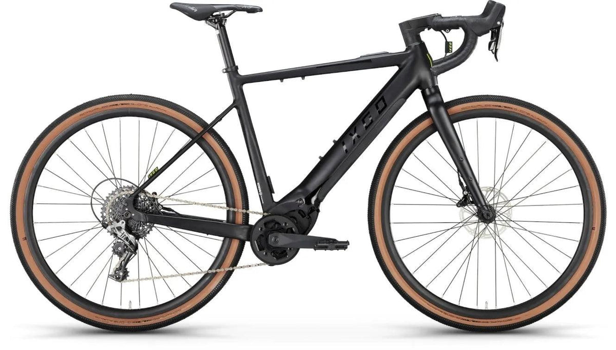 IXGO GX-E THREE Cinder Black E-Bike mit Rennradlenker und braunen Reifen