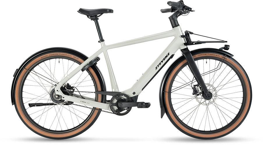 STEVENS E-Simeto HT Sand Grey E-Bike mit Tiefeinstieg und braunen Reifen