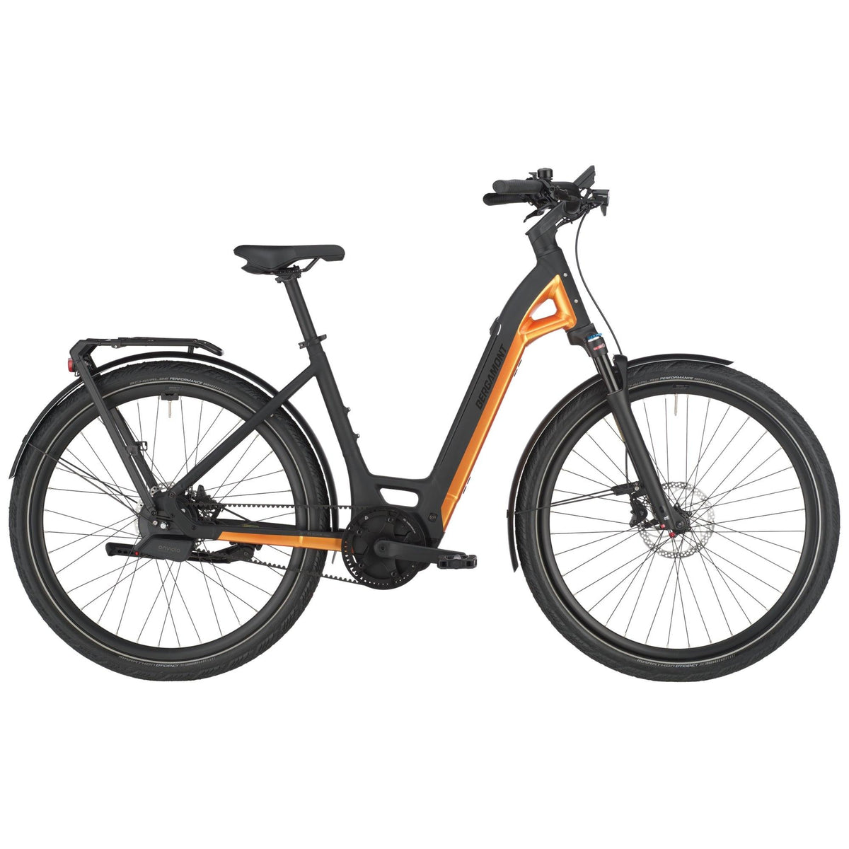 Bergamont E-Ville 10 Belt E-Bike in Yellow Sunrise, Seitenansicht mit Gepäckträger