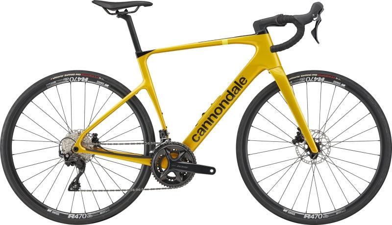 Cannondale Synapse Crb 5 Rennrad in Phoenix Yellow, Seitenansicht mit Scheibenbremsen