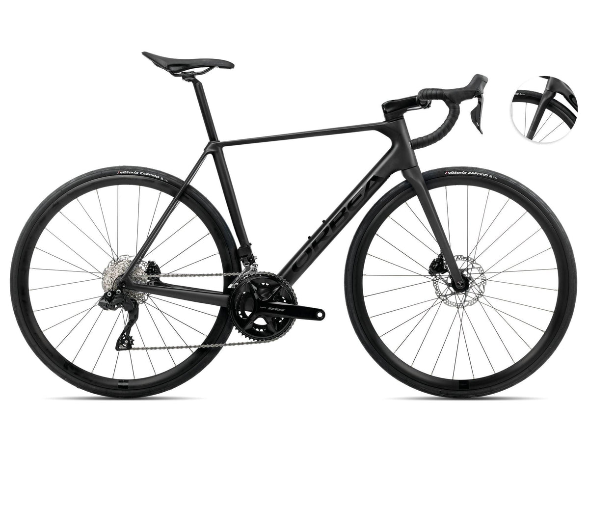Orbea ORCA M30i Vulcano Black Rennrad mit Scheibenbremsen, Seitenansicht in Schwarz