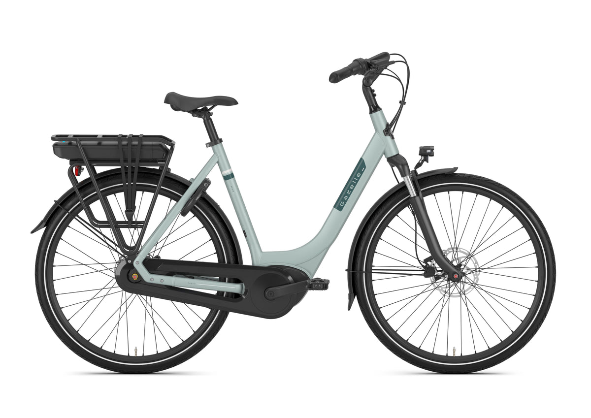 Gazelle Paris C7 E-Bike, 400 Wh, light olive matt, Tiefeinstieg, Gepäckträger, Seitenansicht