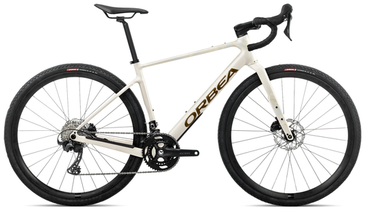 Orbea Terra H30 Gravelbike in Ivory White und Metallic Olive Green, Seitenansicht