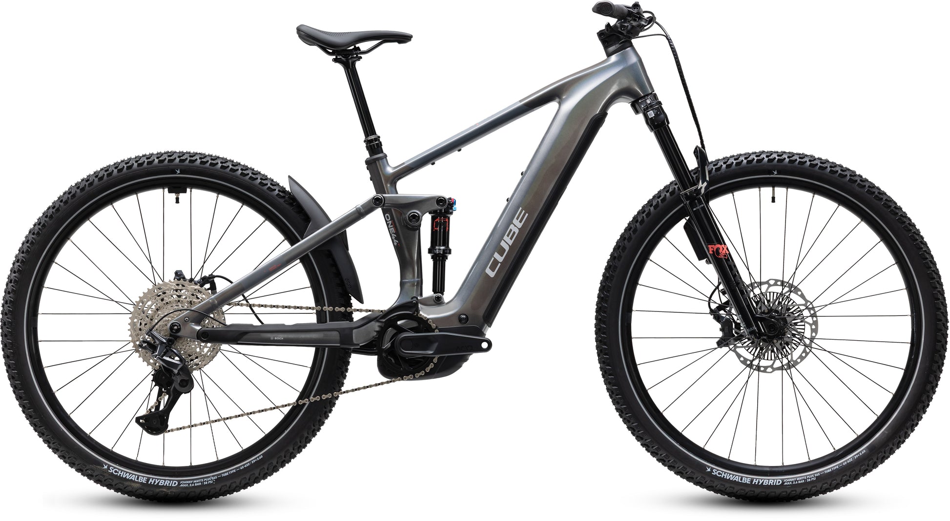CUBE Stereo Hybrid ONE44 SLX 800 E-Mountainbike in prismasilver´n´grey, Seitenansicht