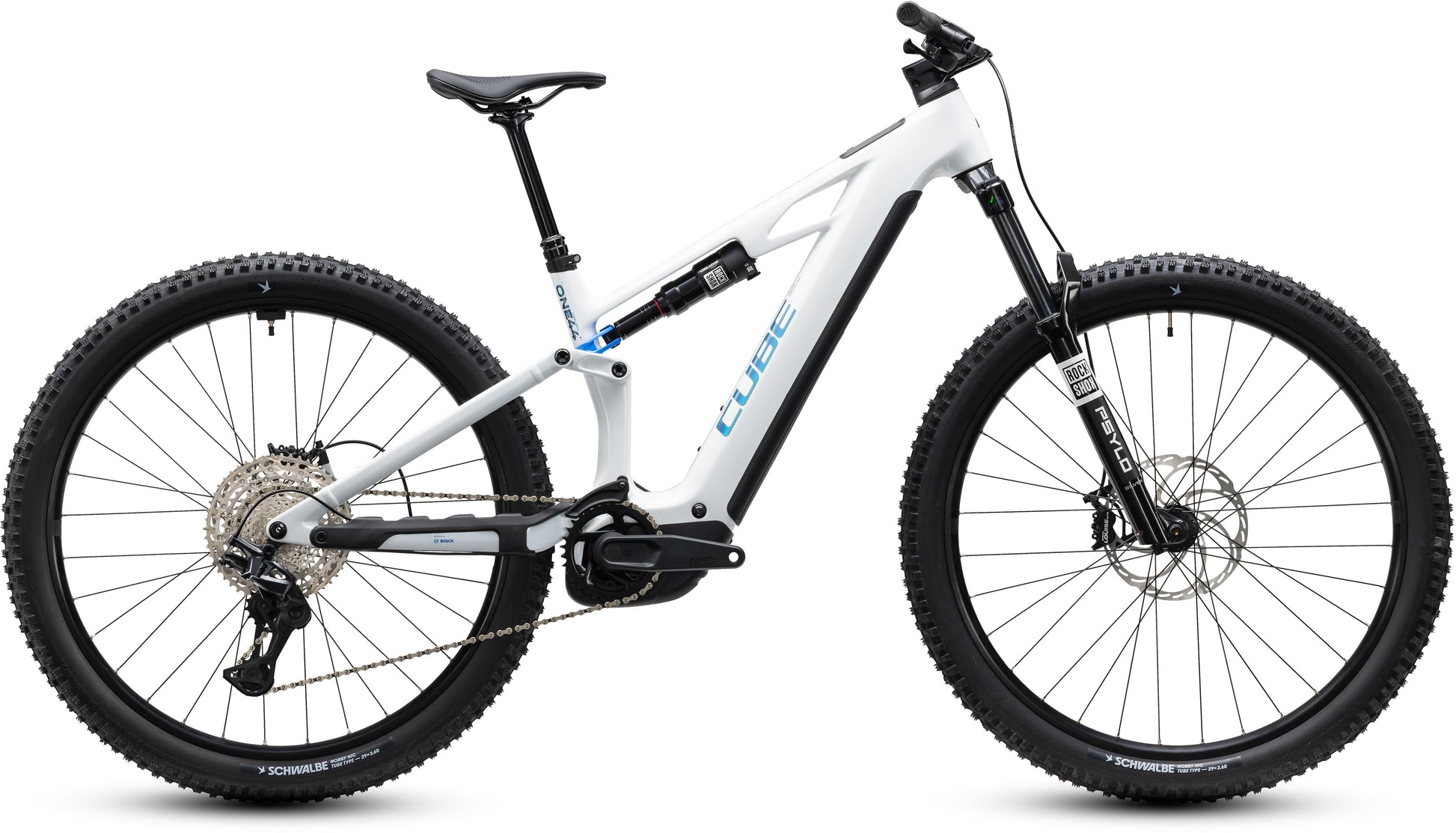 CUBE Stereo Hybrid ONE44 HPC Pro 800 E-MTB in metallicwhite'n'blue, Seitenansicht