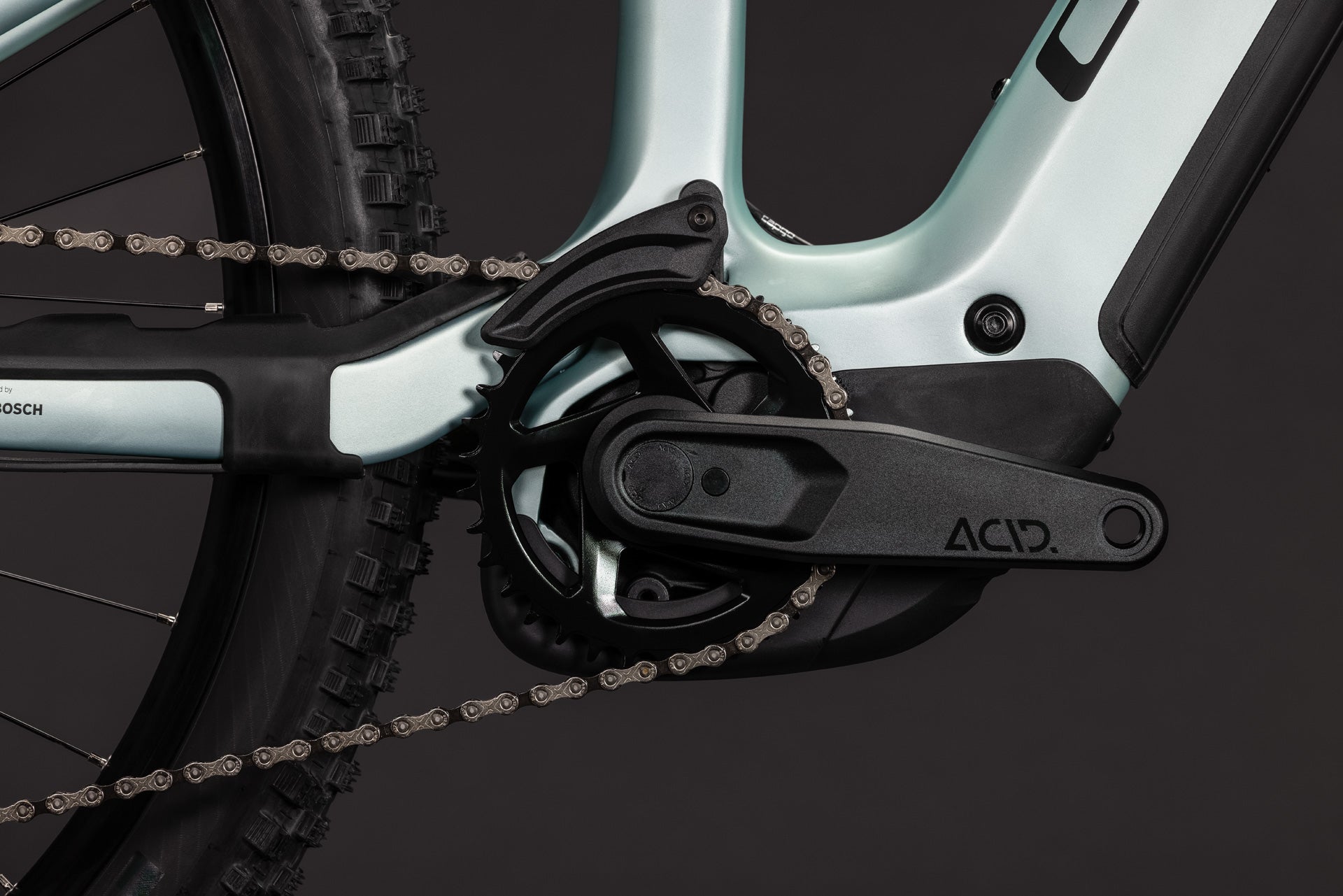 CUBE Stereo Hybrid ONE44 HPC Pro 800 pearlaqua´n´black, Antrieb mit Kettenblatt im Detail