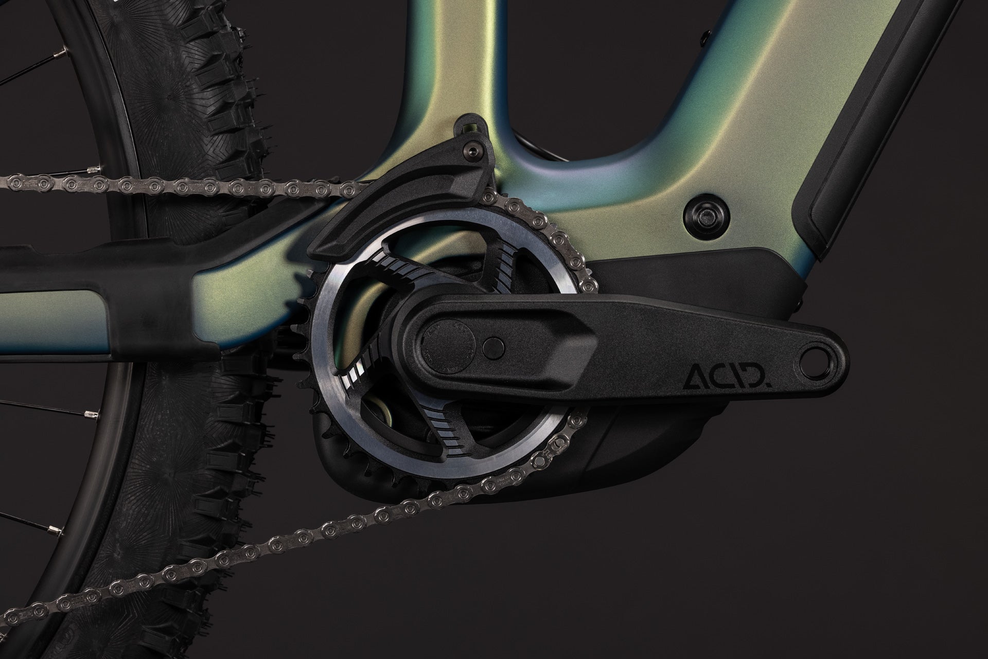 CUBE Stereo Hybrid ONE44 HPC SLX 800 jungali´n´black, E-Bike-Antrieb mit Kettenblatt Detail