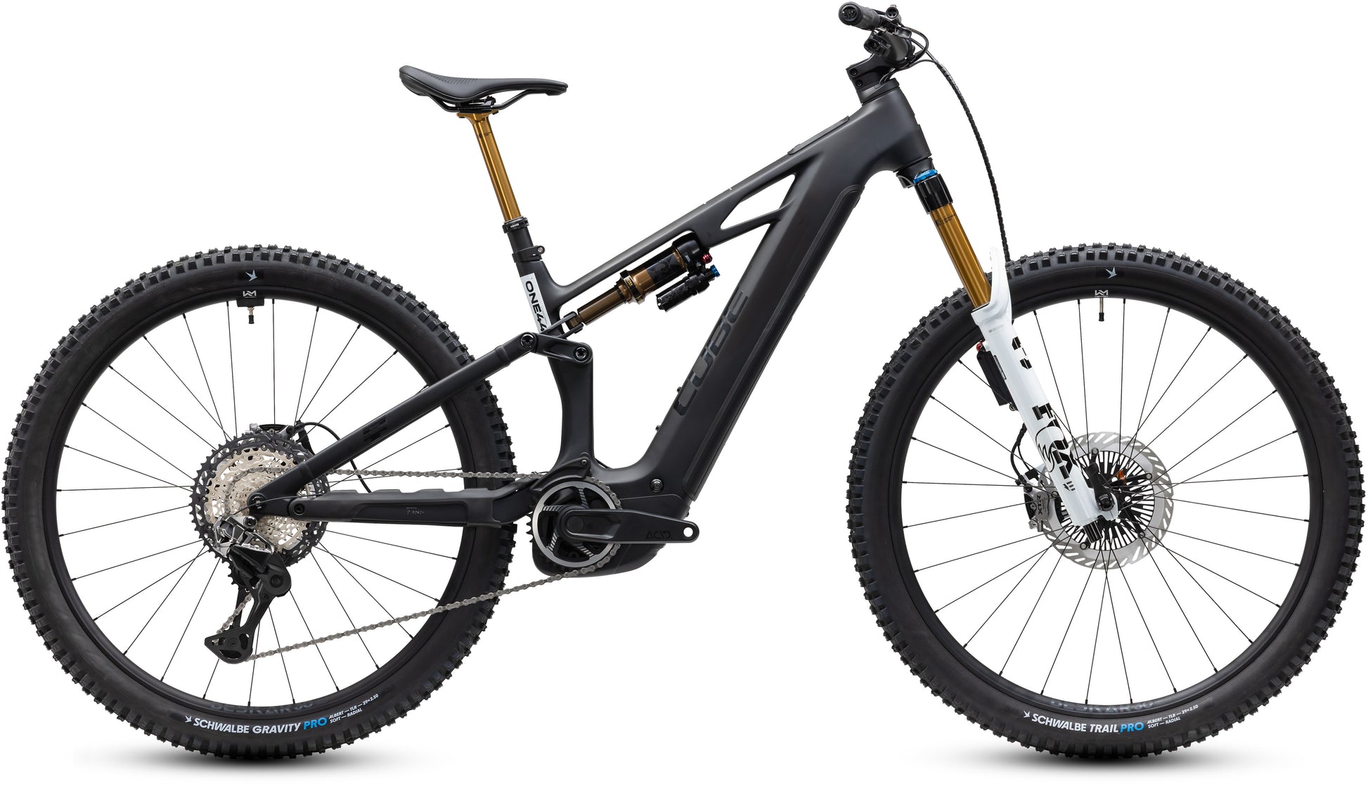 CUBE Stereo Hybrid ONE44 HPC AT 800 E-Mountainbike in carbon´n´white, Seitenansicht