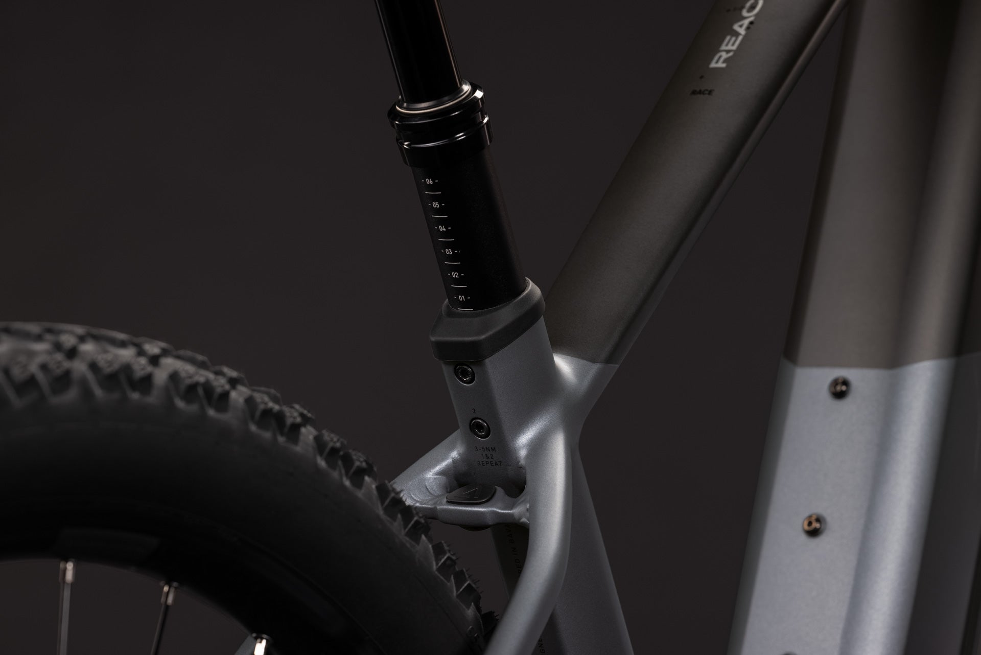 CUBE Reaction Hybrid Race 800 slabgrey’n’chrome, E-Mountainbike mit Rahmen und Hinterbau im Detail
