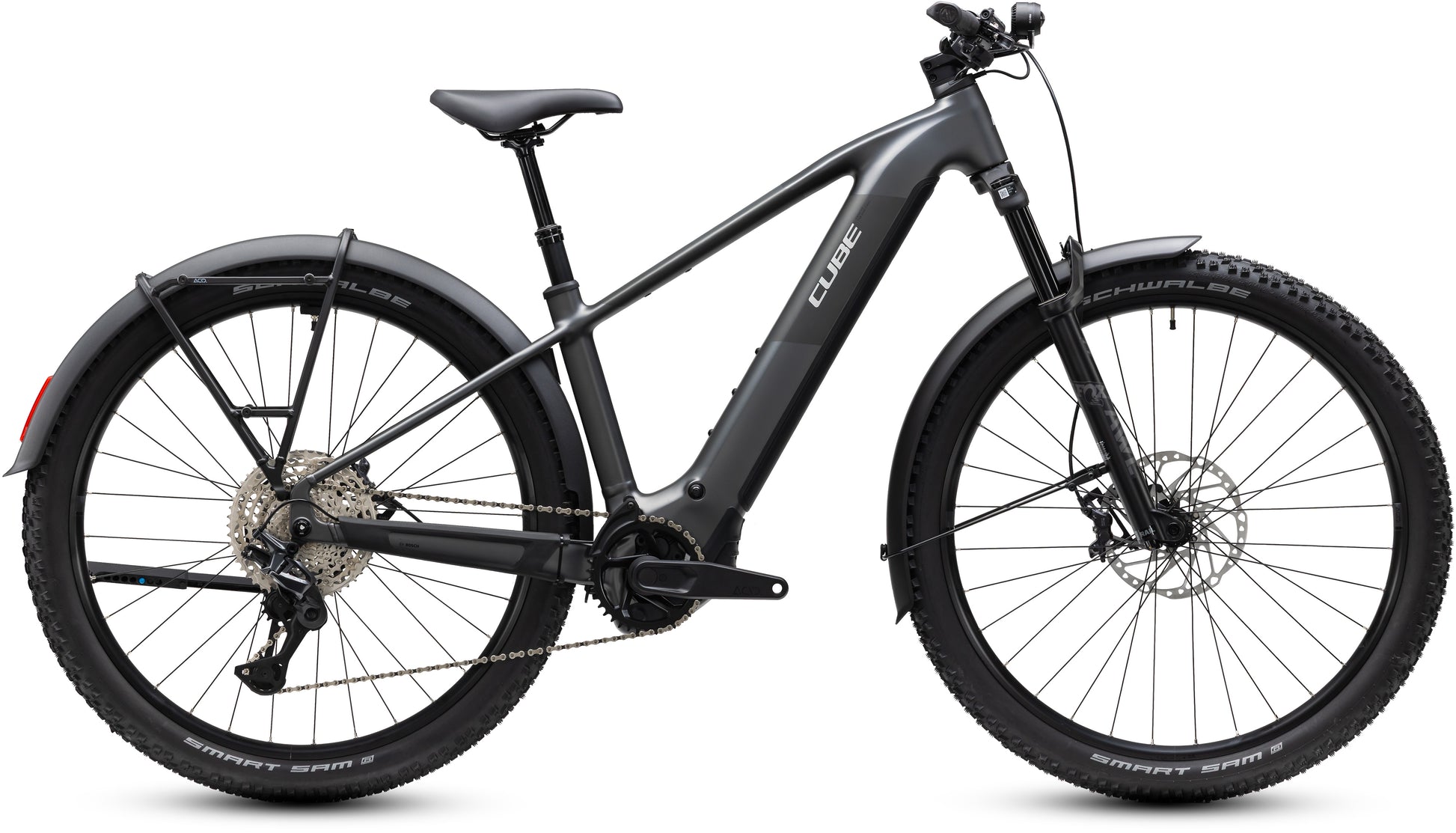 CUBE Reaction Hybrid Race 800 FE in slabgrey´n´chrome, E-Mountainbike mit Gepäckträger