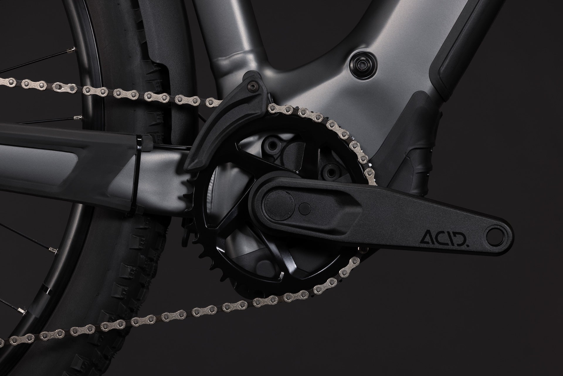 CUBE Reaction Hybrid Race 800 FE in slabgrey’n’chrome, Detail am Antriebssystem
