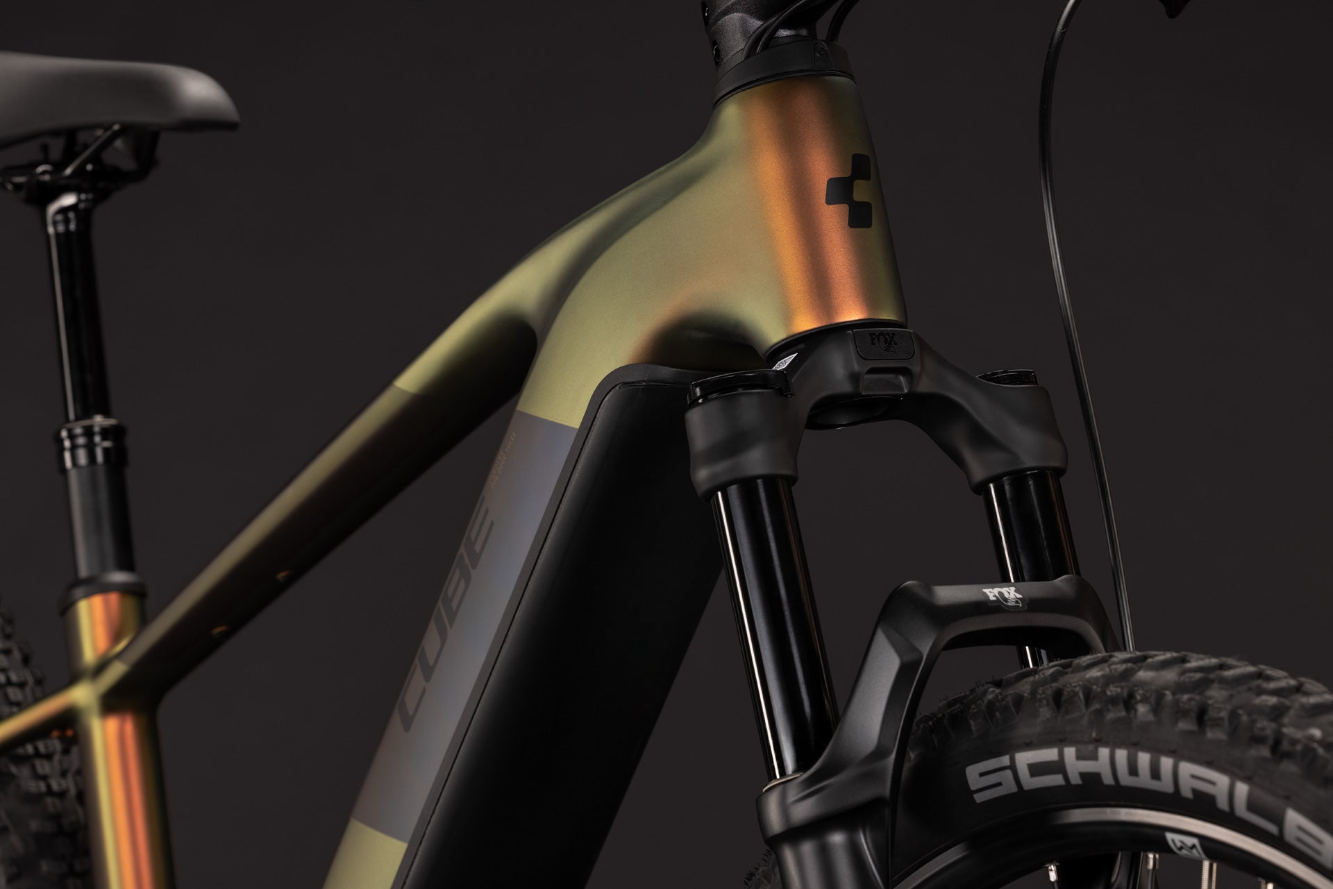 CUBE Reaction Hybrid SLX 800 autumn´n´black, E-MTB-Rahmen mit Federgabel im Detail