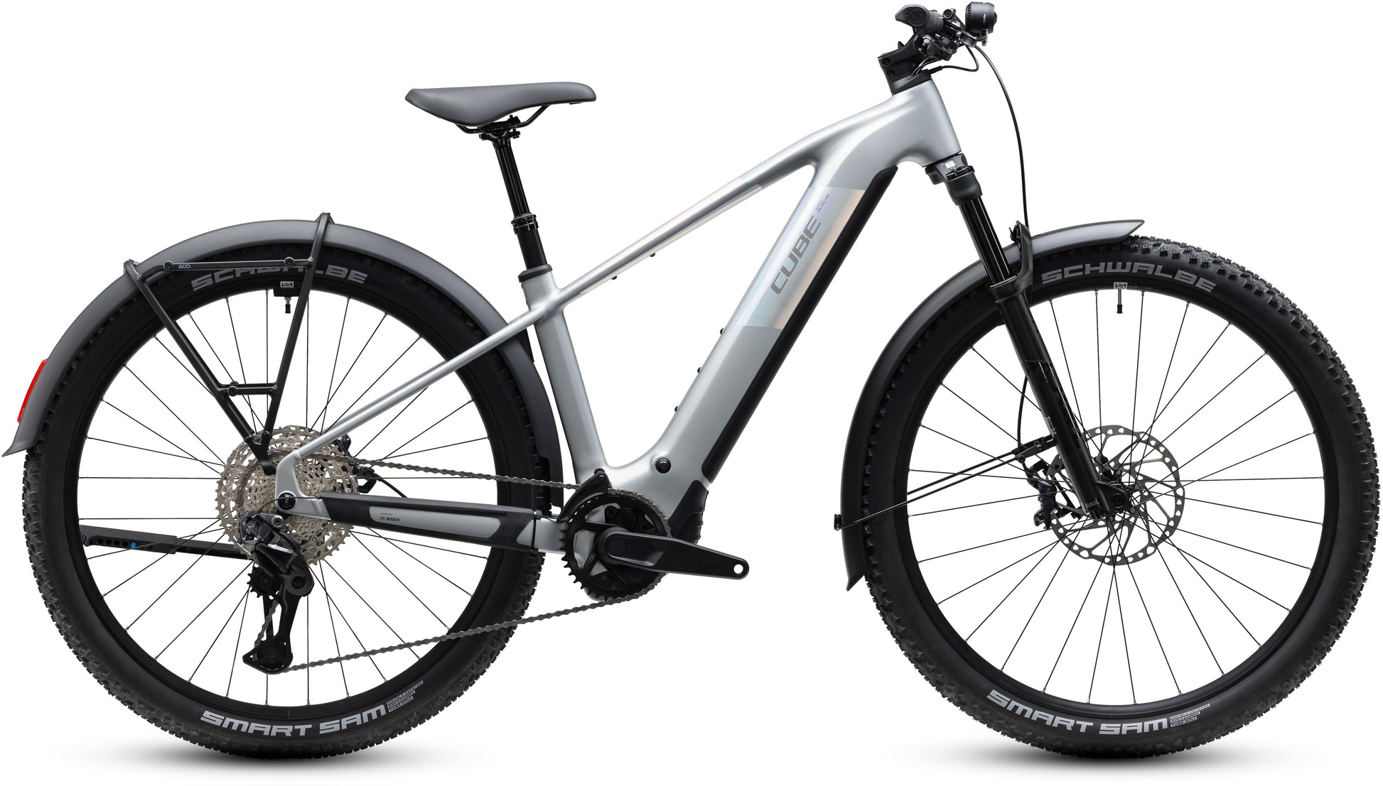 CUBE Reaction Hybrid SLX 800 FE E-Mountainbike in platinum'n'reflex mit Schutzblechen