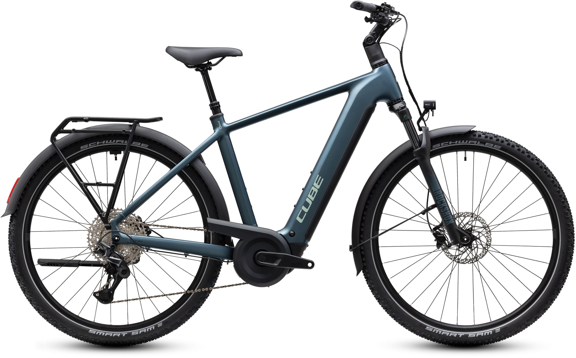 CUBE Nuride Hybrid Pro 800 E-Bike in deepteal’n’blue mit Gepäckträger und Federgabel