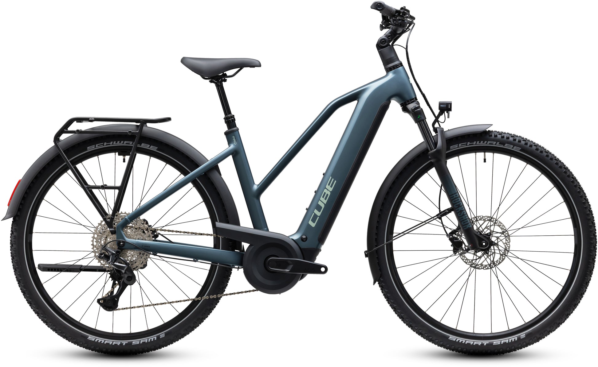 CUBE Nuride Hybrid Pro 800 E-Bike in deepteal´n´blue mit Gepäckträger und Federgabel