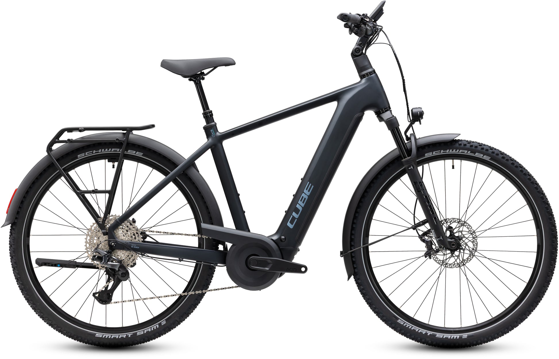 CUBE Nuride Hybrid EXC 800 E-Bike in coal´n´chrome, Seitenansicht mit Gepäckträger
