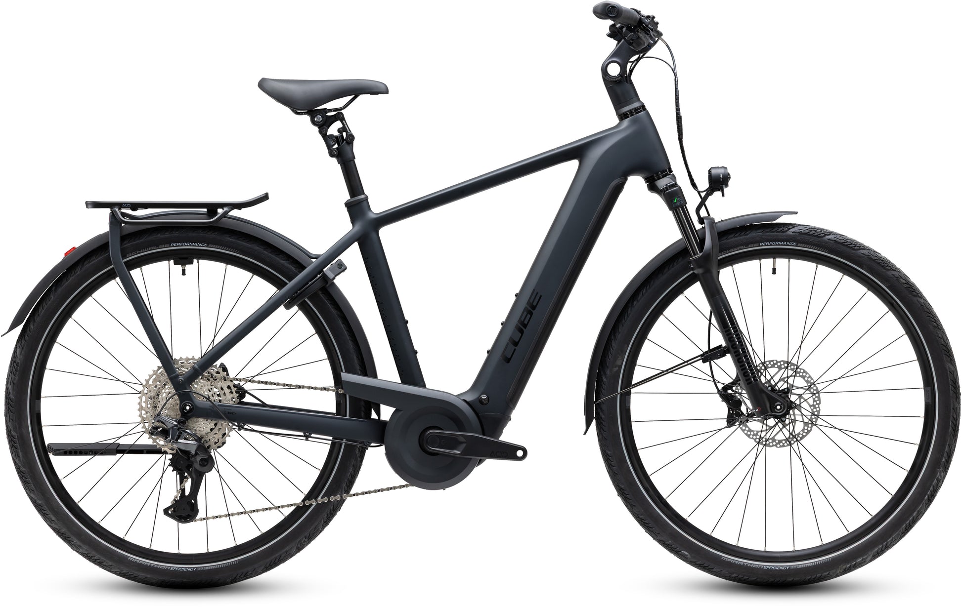 CUBE Kathmandu Hybrid Pro 800 E-Bike in coal’n’black mit Gepäckträger und Federgabel