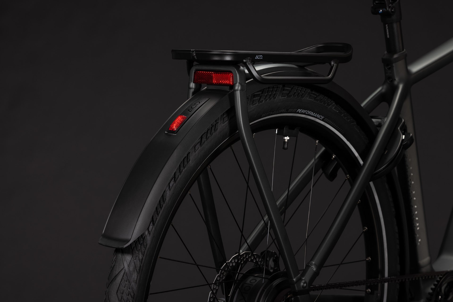 CUBE Kathmandu Hybrid Deluxe Pro 800 in Blackforest’n’Chrome, Heckansicht mit Gepäckträger und Schut