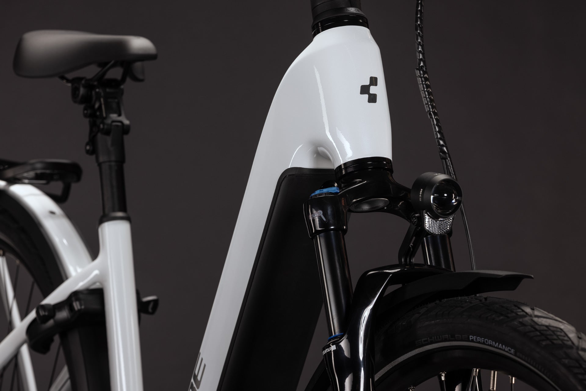 CUBE Kathmandu Hybrid Deluxe Pro 800 in metallicwhite´n´chrome, E-Bike Detailansicht