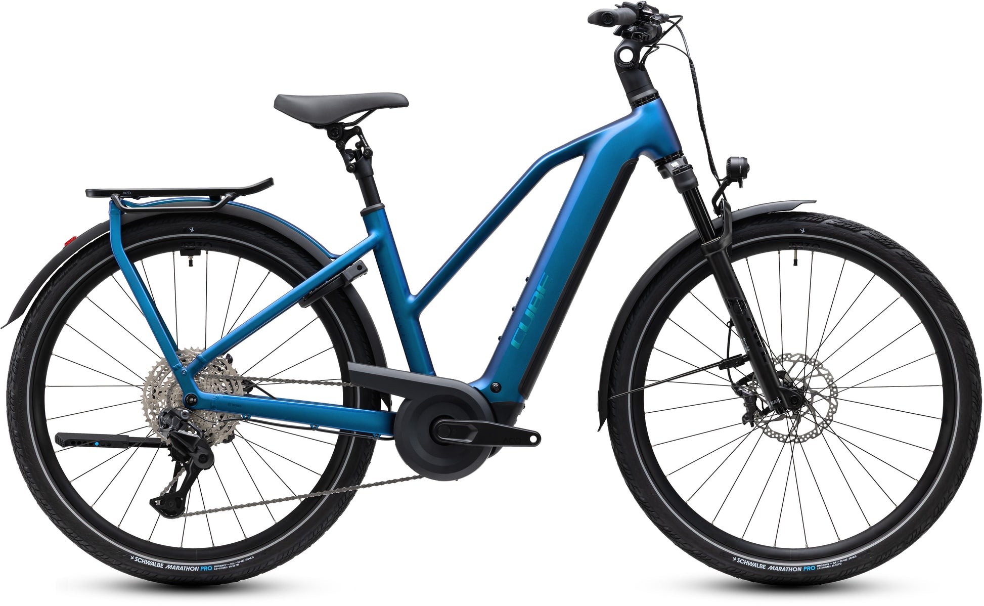 CUBE Kathmandu Hybrid SLX 800 nebula´n´prizm E-Trekkingbike in Blau mit Gepäckträger