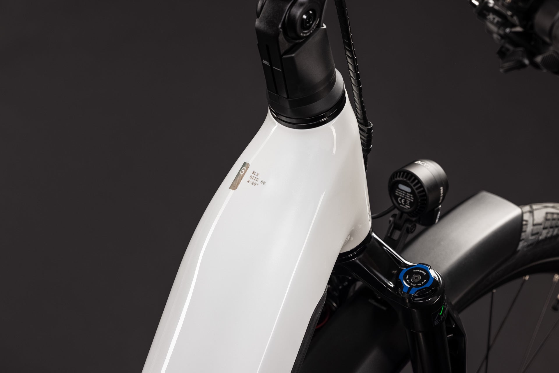 CUBE Kathmandu Hybrid ONE11 HPC SLX 800 metallicwhite´n´prizm, Detail von Steuerrohr und Gabel