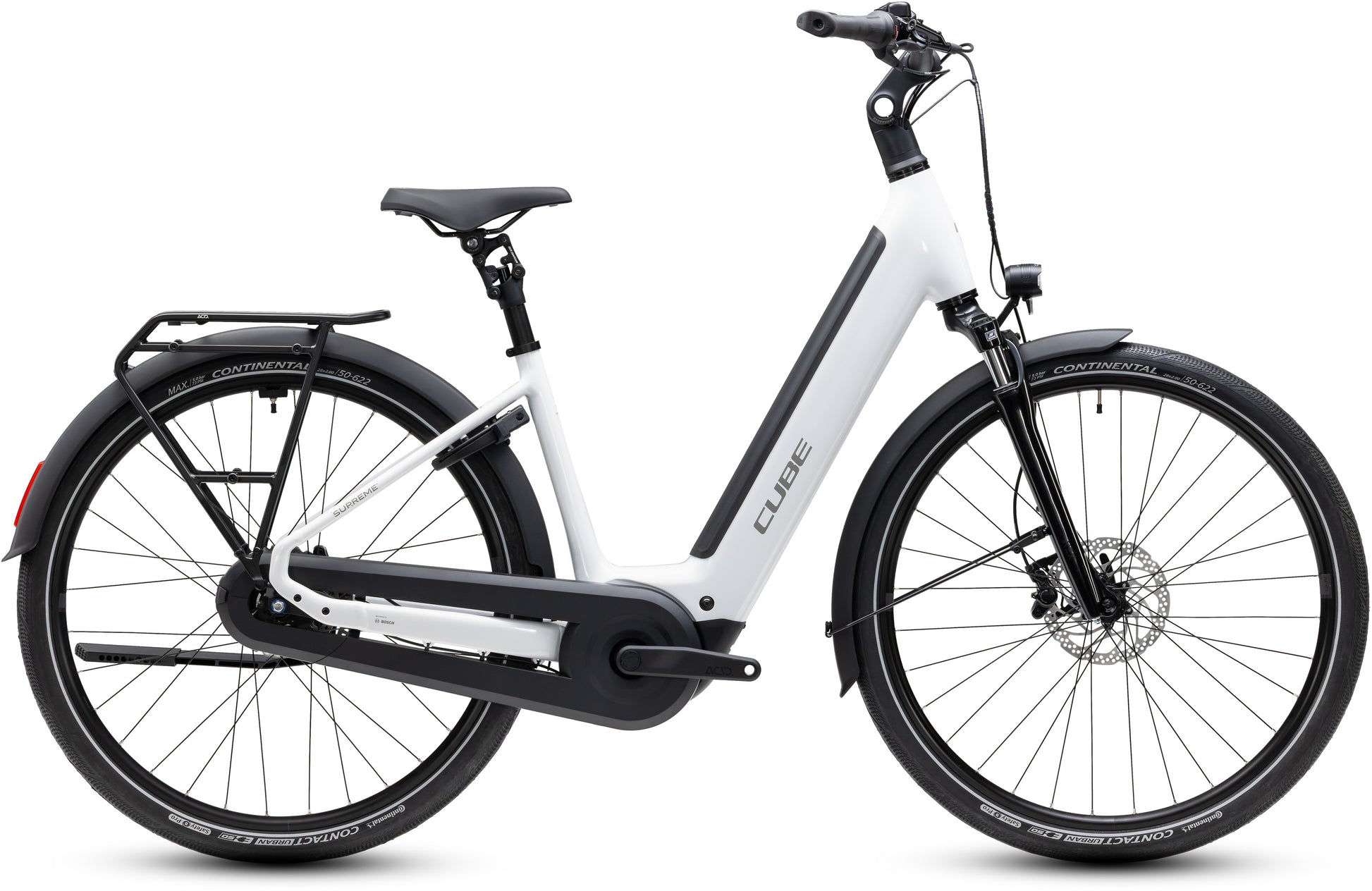 CUBE Supreme RT Hybrid Comfort EX 600 in metallicweiß mit Gepäckträger und Tiefeinstieg