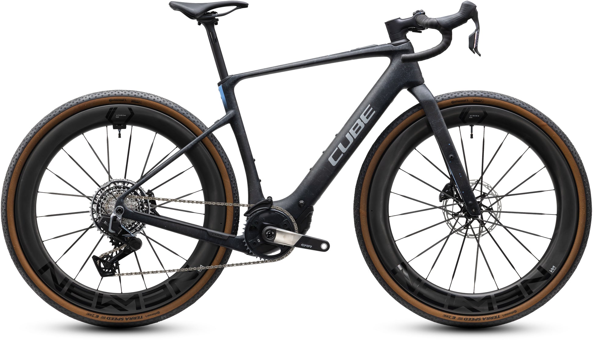 CUBE Nuroad Hybrid C:62 SLT 400X in onyxfibre´n´blue, elektrisches Gravelbike seitlich