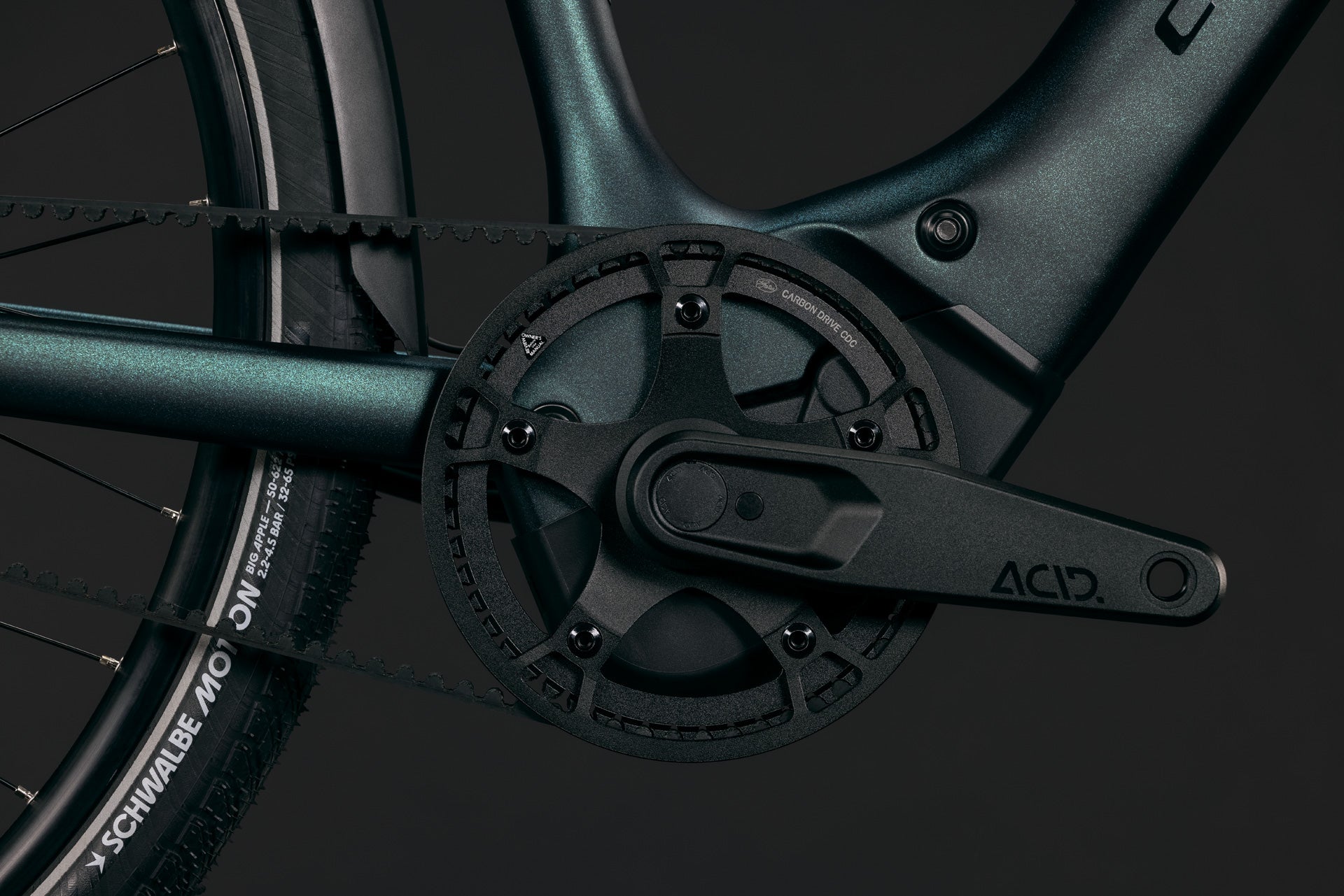 CUBE Editor Hybrid SLX 400X FE in glitterteal´n´black, Detailansicht Antrieb und Rahmen