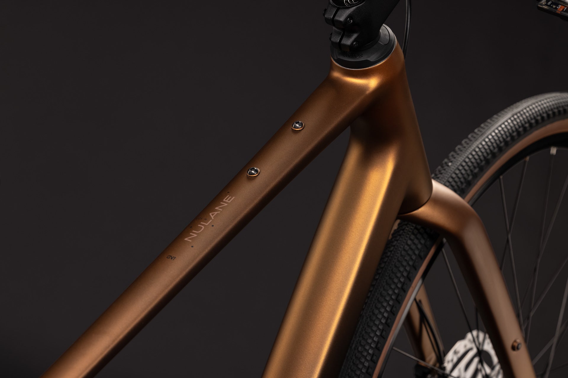 CUBE Nulane ONE in metalliccaramel´n´brown, Detailansicht von Rahmen, Gabel und Vorderrad