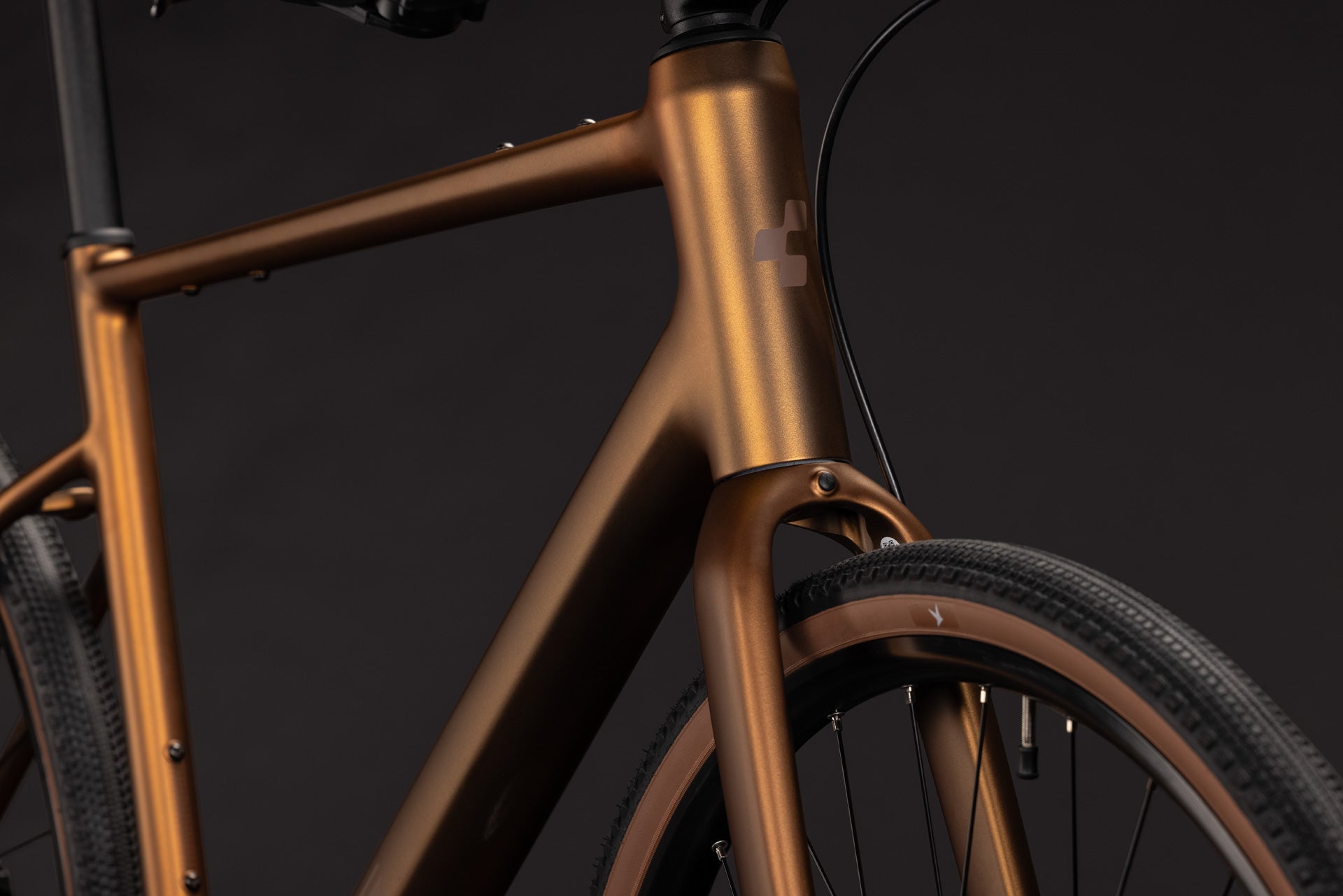 CUBE Nulane ONE in metalliccaramel´n´brown, Detail von Rahmen, Gabel und Vorderrad