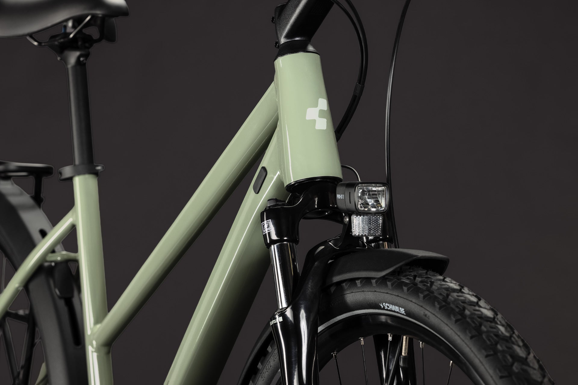 CUBE Nature ONE FE in almondgreen´green, Detail von Rahmen, Federgabel und Frontlicht
