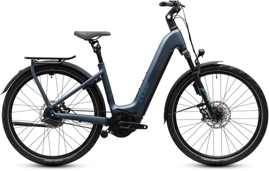 CUBE Kathmandu Hybrid Deluxe SLX 800 E-Bike in mineralblue'n'blue, Tiefeinsteiger, Seitenansicht