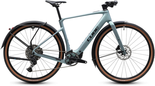 CUBE Nulane Hybrid C:62 Race 400X FE E-Bike in Seagrey und Schwarz, Seitenansicht