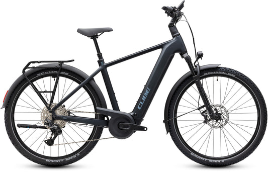 CUBE Nuride Hybrid EXC 800 E-Bike in coal´n´chrome, Seitenansicht mit Gepäckträger