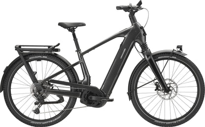 Cannondale Tesoro 1 HeadShok E-Bike in Schwarz, Seitenansicht mit Gepäckträger und Schutzblechen